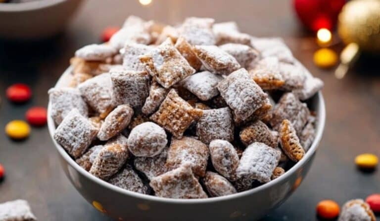 Peanut Butter Puppy Chow snack in a festive bowl