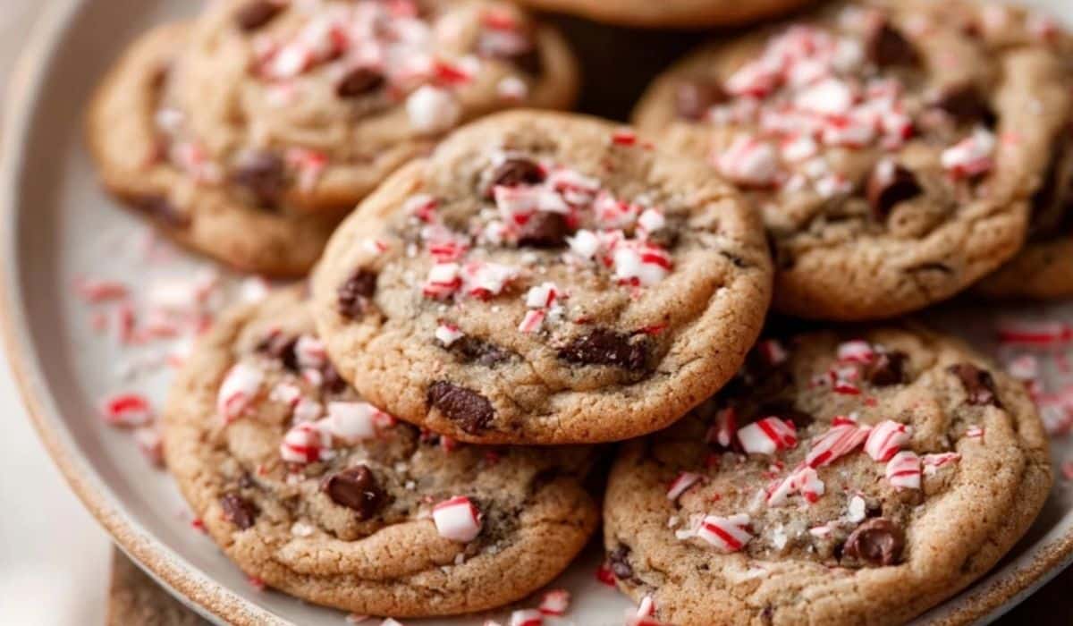 Peppermint Chocolate Chip Cookies served on rustic wooden table