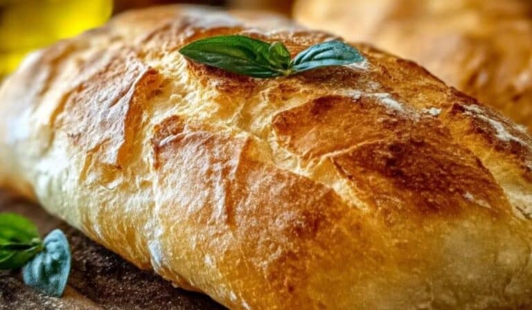 Quick and Easy Crusty Italian Bread with golden crust on a wooden board