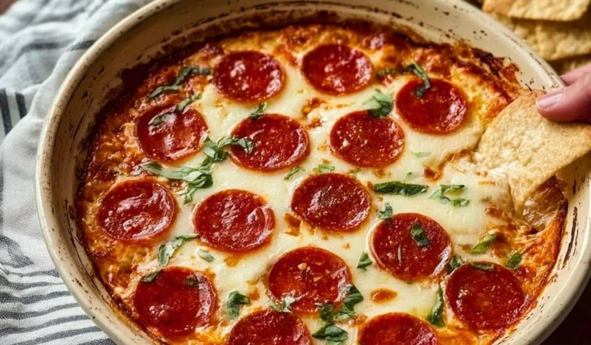 Quick and Easy Pepperoni Pizza Dip served hot in baking dish