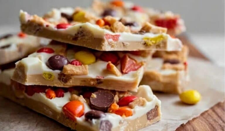 Reese’s Pieces Peanut Butter White Chocolate Bark top view