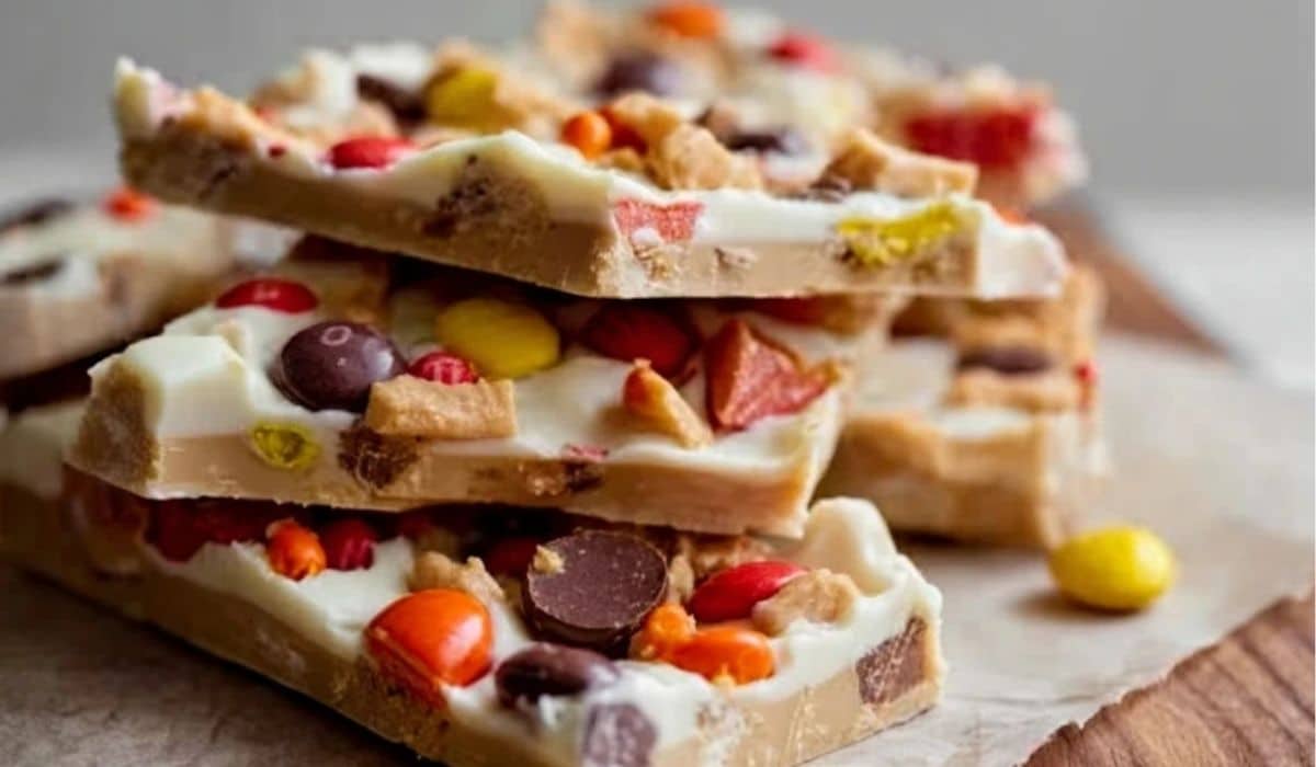 Reese’s Pieces Peanut Butter White Chocolate Bark top view