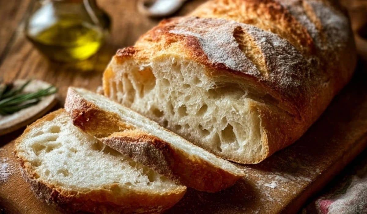 Rustic Italian Crusty Bread fresh from oven on rustic table