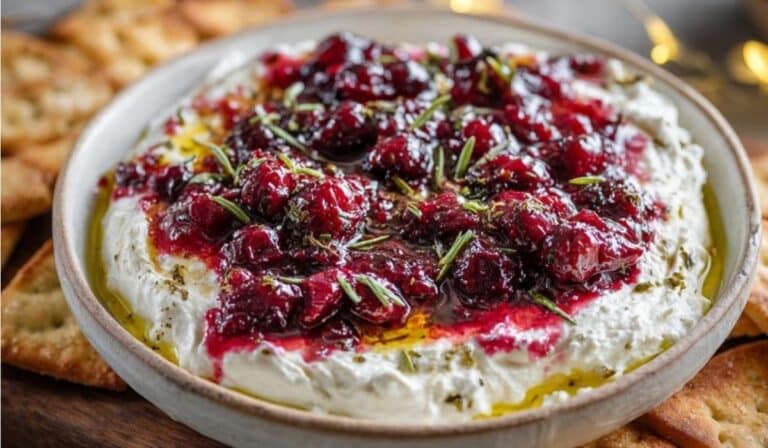 The Best Cranberry Whipped Feta Dip served with pita chips and rosemary.