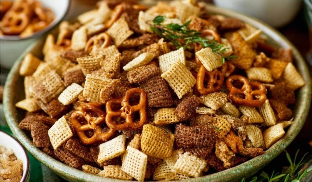 The Best Extra Bold Savory Chex Mix in serving bowl on rustic table