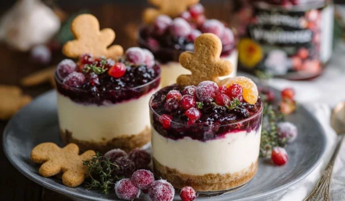 White Chocolate Cheesecakes with Mulled Wine Fruit on serving plates