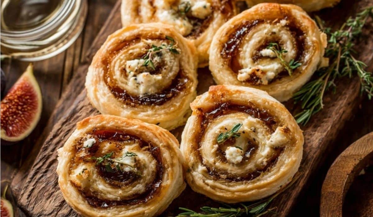 Fig and Goat Cheese Pinwheels on a wooden charcuterie board