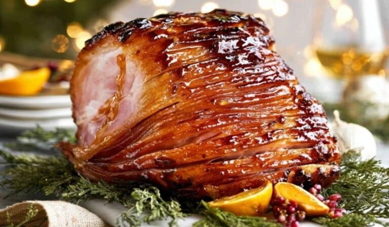 Honey Baked Ham with Orange-Brown Sugar Glaze on festive holiday table