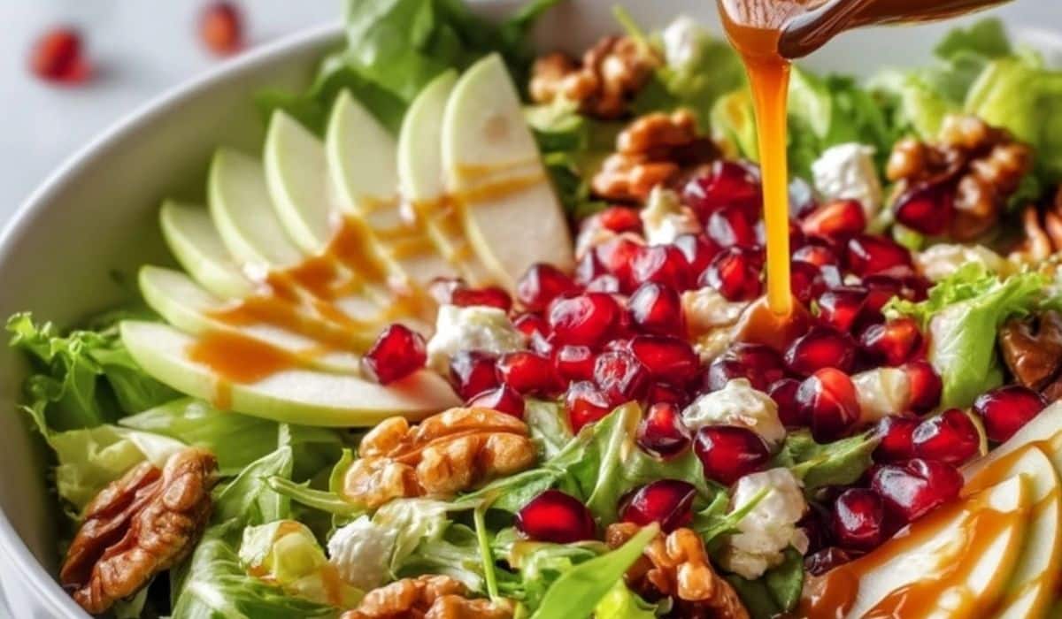 Juicy Christmas Salad with Honey Mustard Dressing in a festive serving bowl