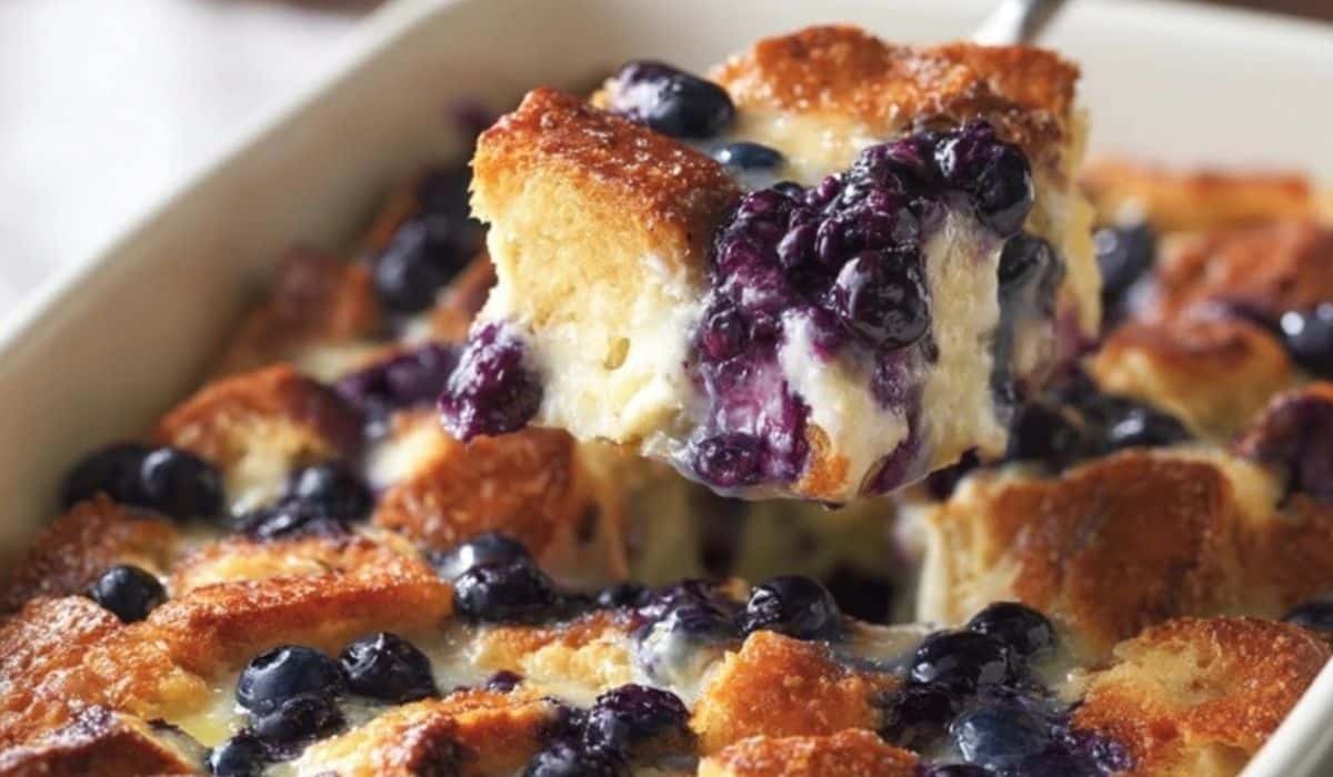 Overnight Blueberry French Toast Casserole in rustic breakfast setting
