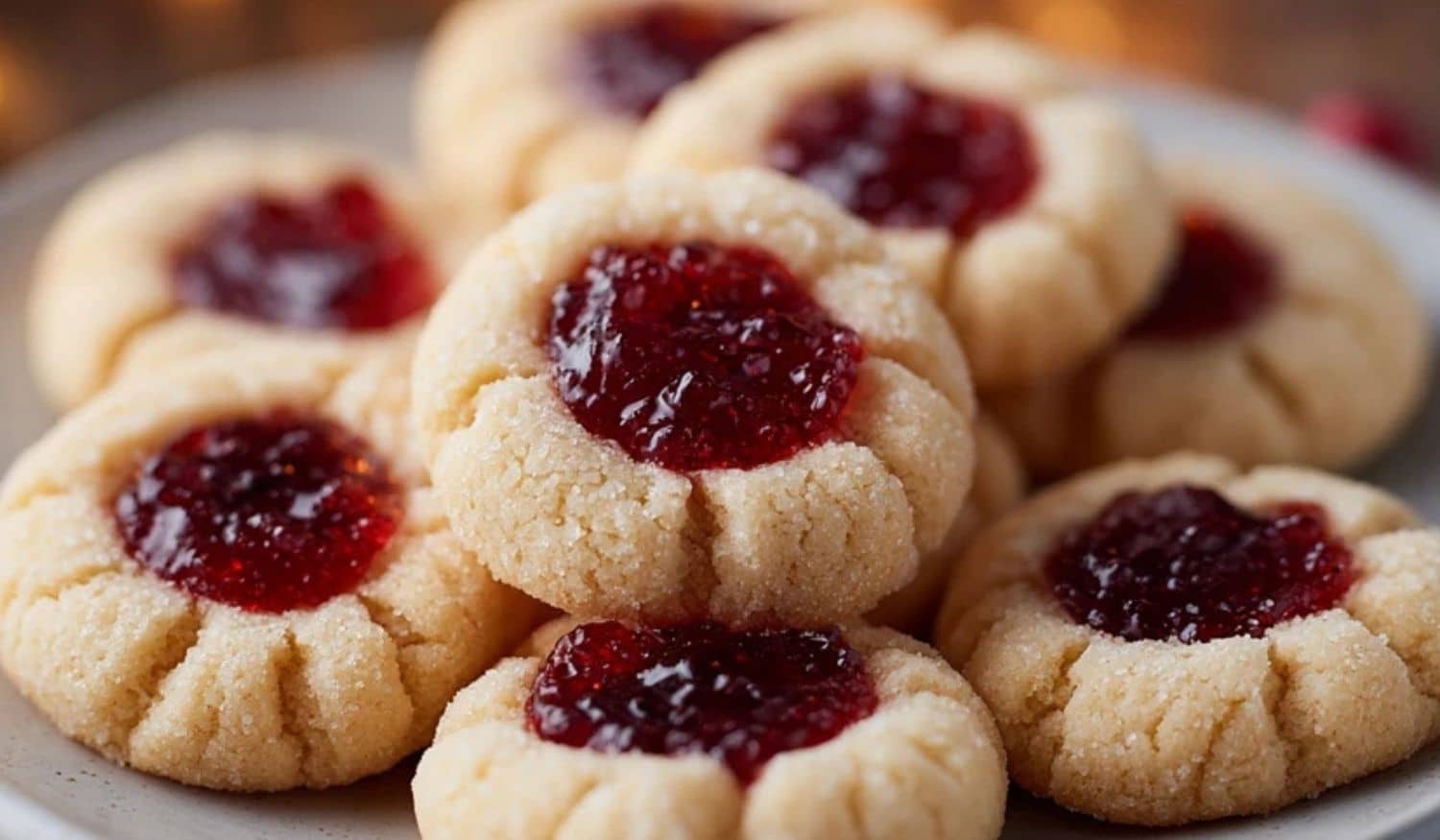 Soft Christmas Thumbprint Cookies with raspberry jam filling on a holiday plate