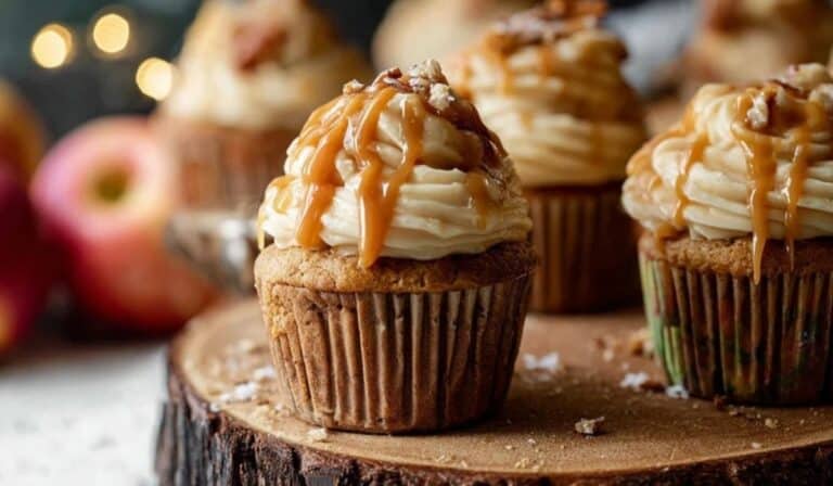 Apple Cupcakes with Salted Caramel Frosting served on rustic table