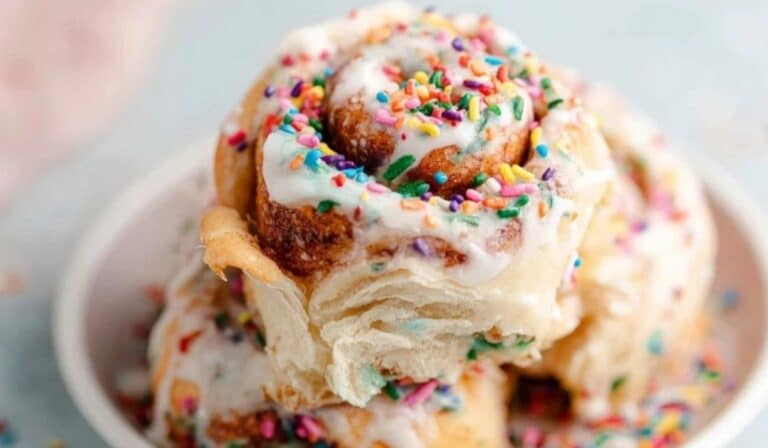 Birthday Cake Cinnamon Rolls stacked on a plate