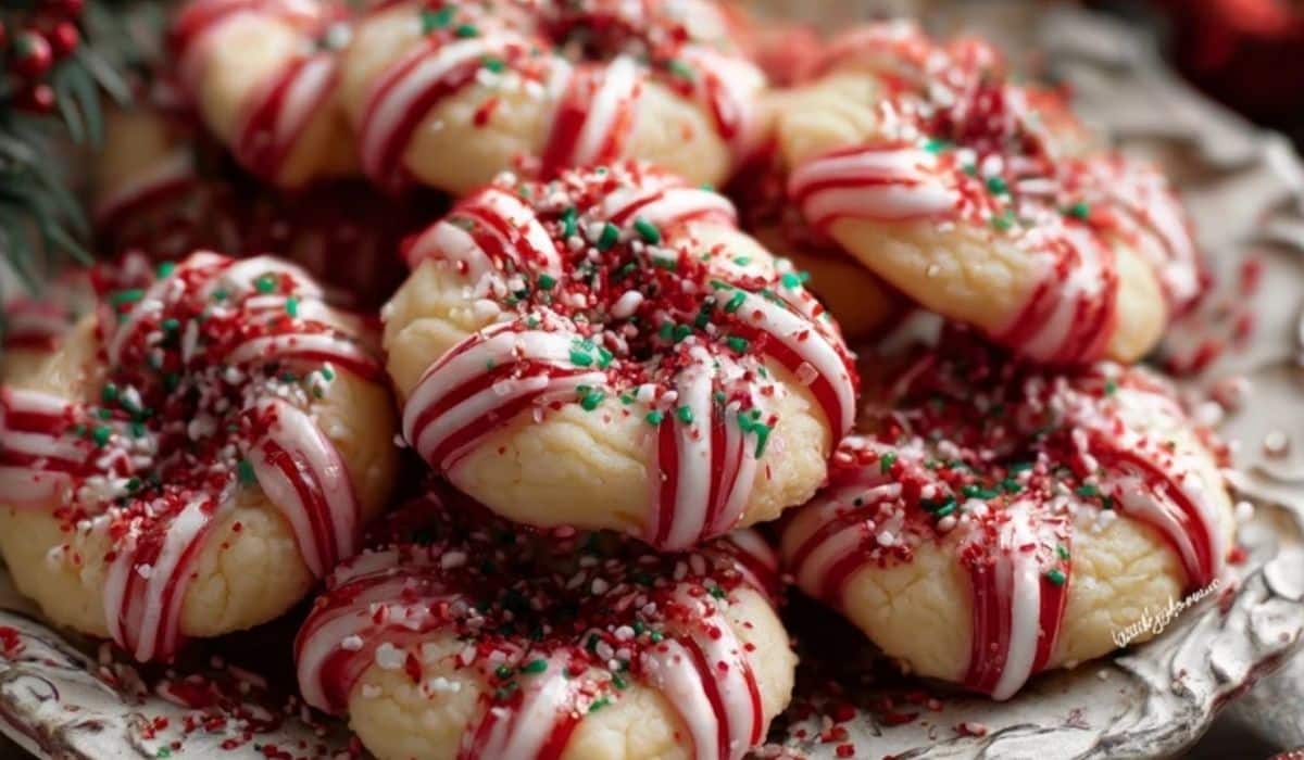 Candy Cane Kiss Cookies on holiday serving platter