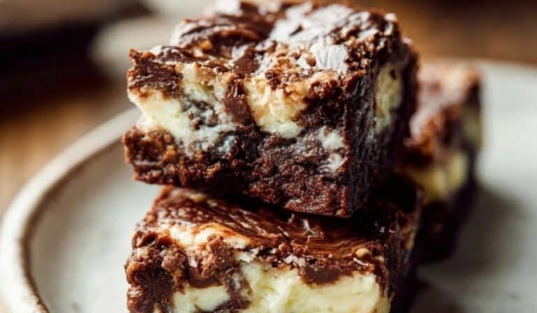 Coconut Cheesecake Brownies stacked and served on a rustic plate