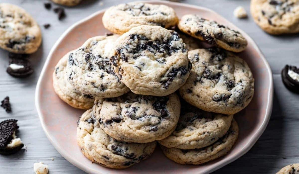 Cookies and Cream Cookies stacked on a rustic plate