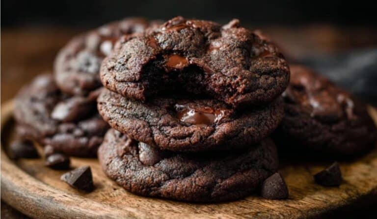 Double Chocolate Chip Cookies Recipe served on rustic wooden plate
