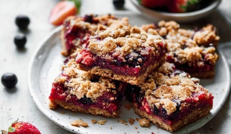 Stacked Healthy Berry Streusel Bars served on a rustic plate