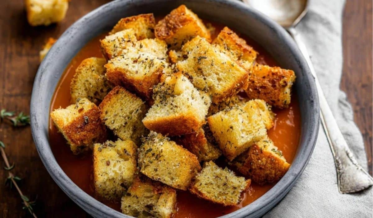Homemade Croutons served in a rustic ceramic bowl