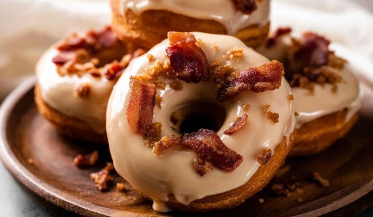 Homemade Maple Bacon Doughnuts stacked with glaze and bacon