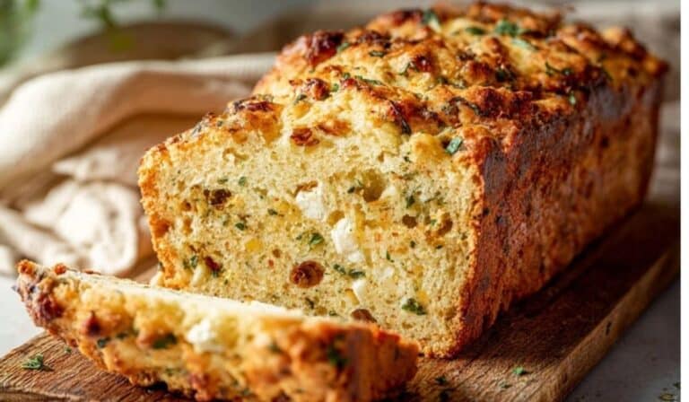 Golden savory quick bread loaf on a wooden board