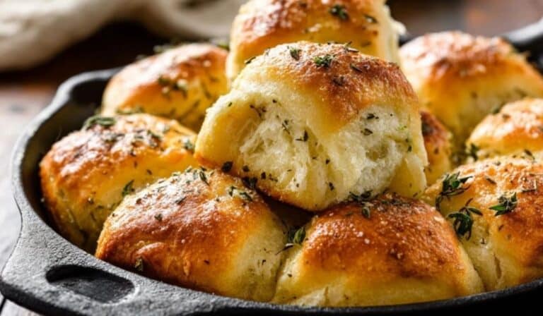 Sea Salt and Herb Skillet Rolls served in rustic cast iron skillet