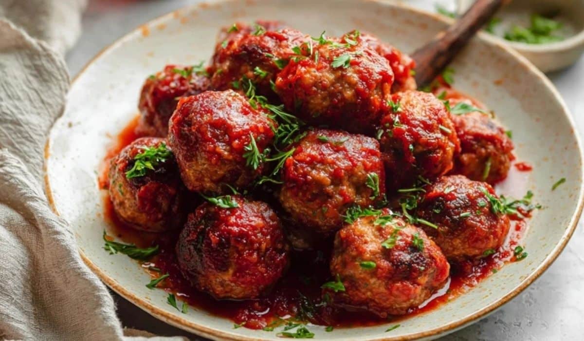 Slow Cooker Turkey Meatballs served in a rustic dish