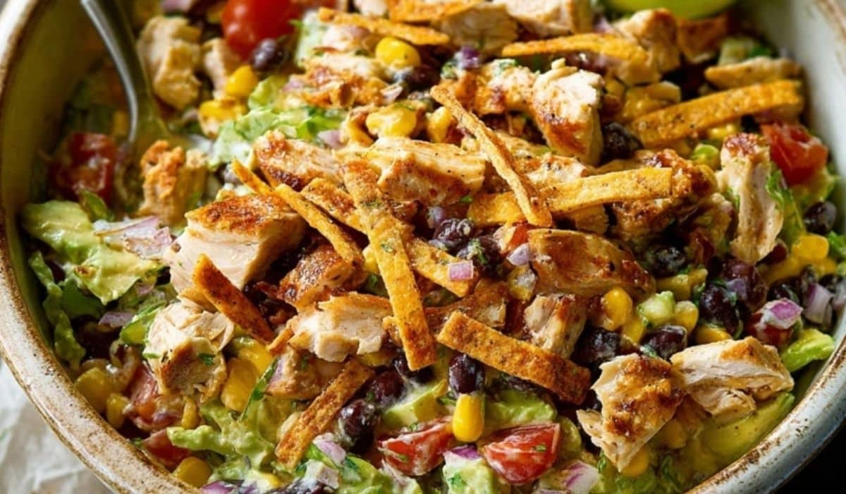 Southwestern Chopped Chicken Salad in a rustic bowl