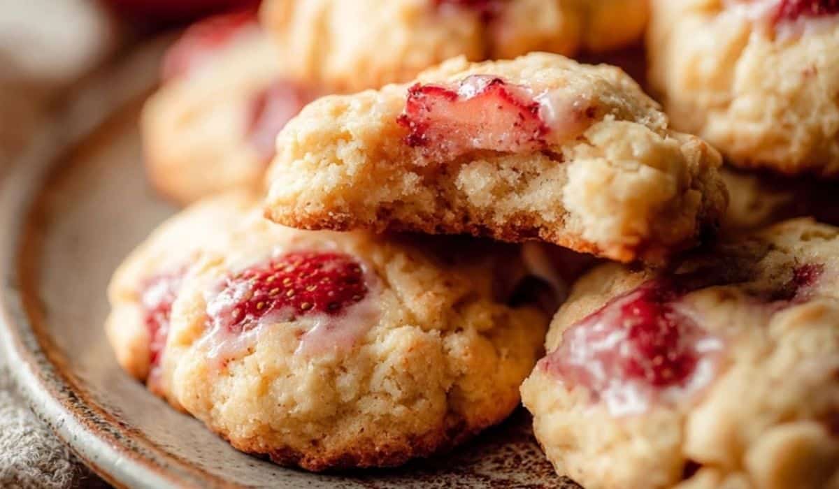 Strawberry Biscuit Cookies on a rustic serving plate