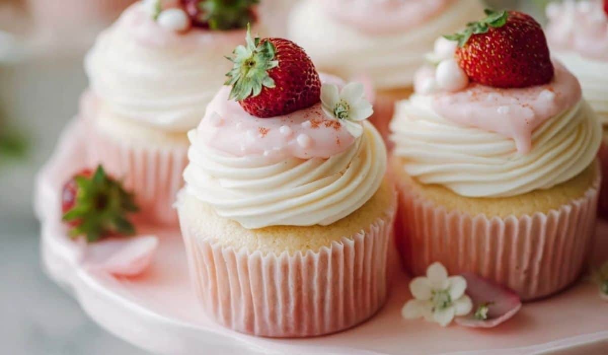 White Chocolate Strawberry Cupcakes on pastel dessert stand