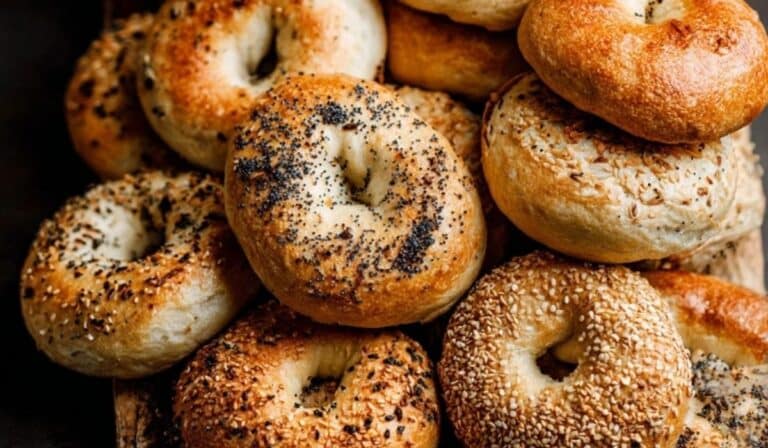 Homemade Bagels Recipe golden brown stack rustic board