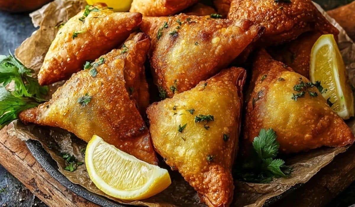 Crispy Potato Samosas arranged on a platter