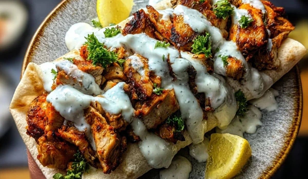 Irresistible Chicken Shawarma with Creamy Garlic Sauce beautifully served on a rustic plate