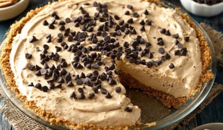 Chocolate Chip Peanut Butter Pie served on a rustic wooden table