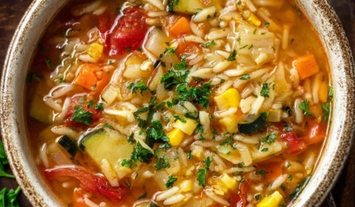 Healthy Vegetable Orzo Soup served in a rustic bowl