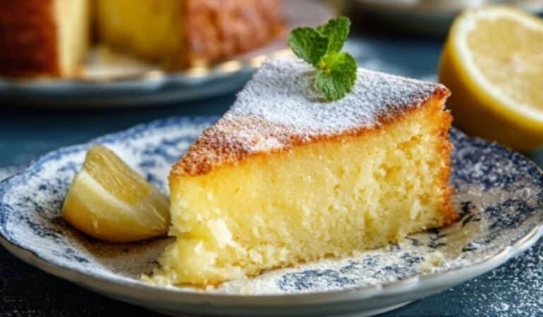 Italian Grandma’s Lemon Custard Cake slice on a vintage plate