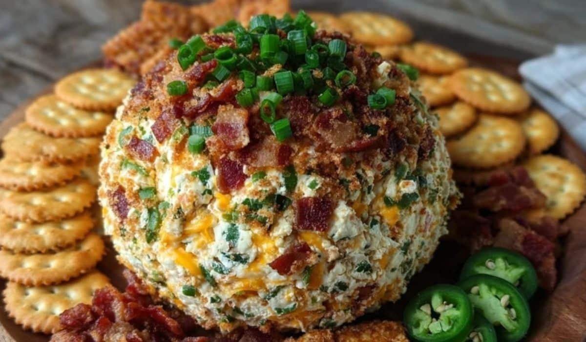Jalapeno Popper Cheese Ball on a wooden platter, garnished with bacon and jalapeños