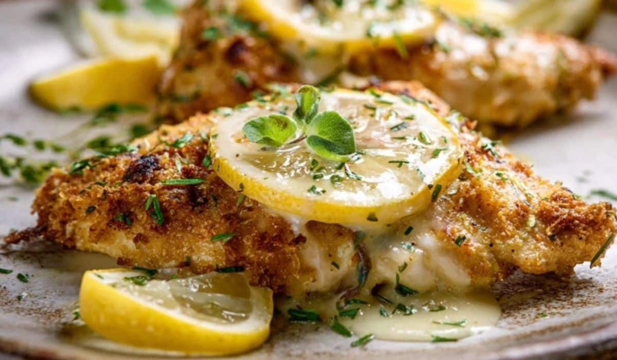 Lemon Chicken Romano on rustic plate with lemon butter