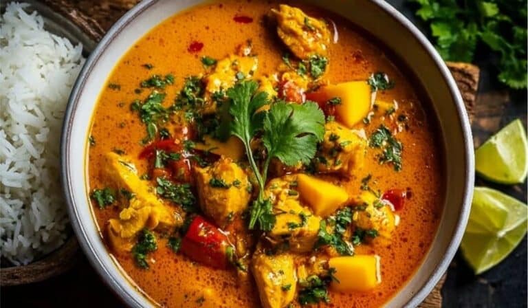 Mango Chicken Curry served with rice in a bowl