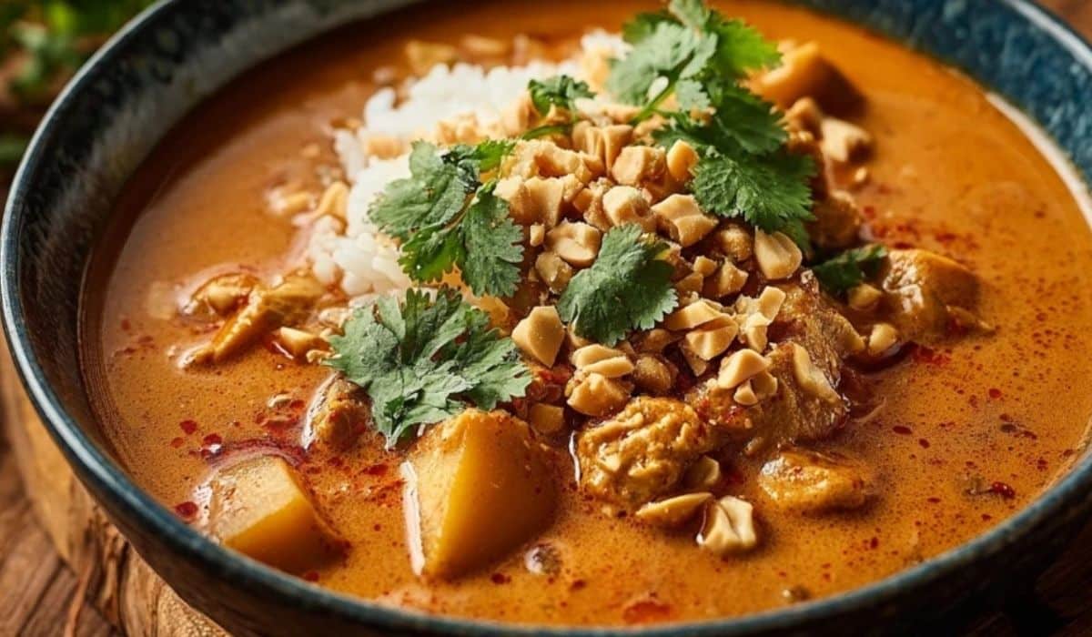 Massaman Curry served in bowl with peanuts and cilantro