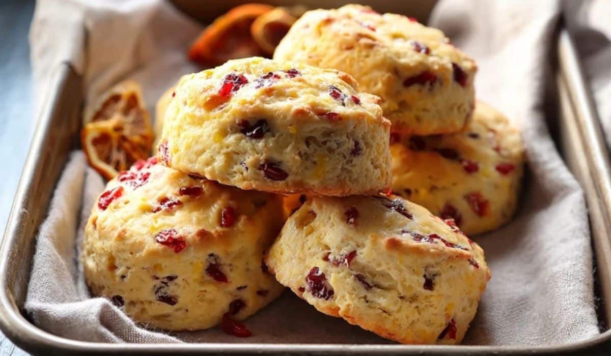 Orange Cranberry Cream Scones served on rustic ceramic plate