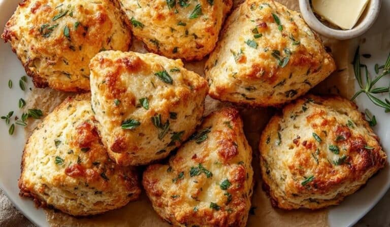 Top-down view of savory garlic parmesan scones served on rustic parchment