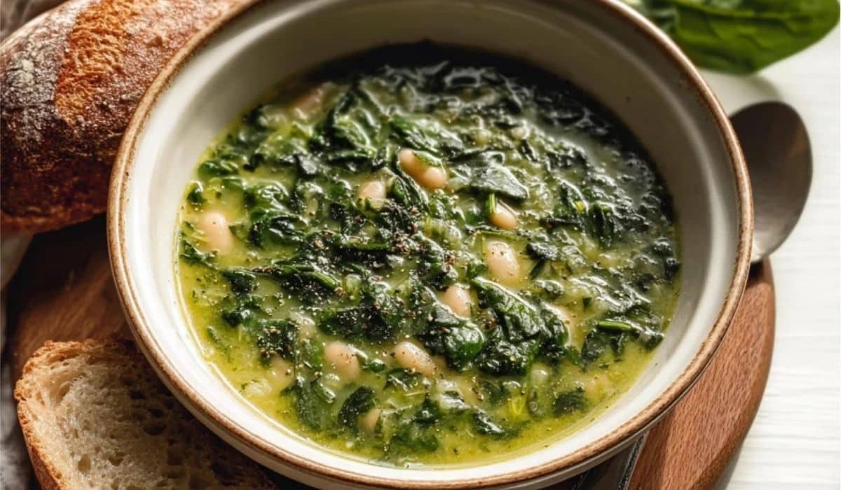 Spinach And White Bean Soup served in a rustic bowl