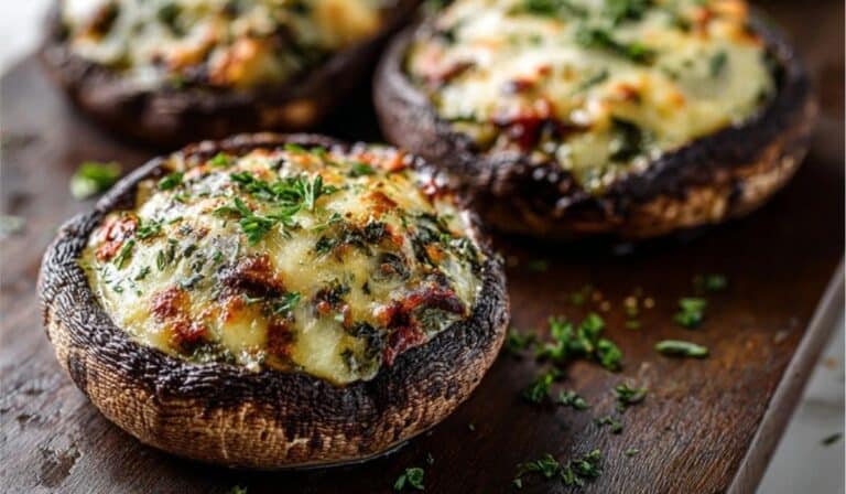 Stuffed Portobello Mushrooms served on rustic wooden board