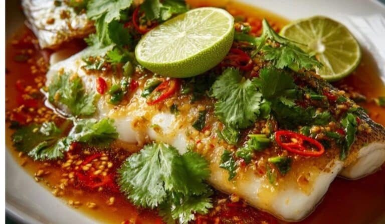 Thai Lime Garlic Steamed Fish served whole with citrus broth