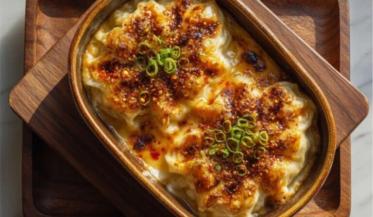 Overhead view of baked Viral Dumpling Lasagna with golden cheese and garnishes