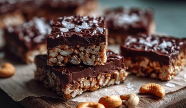 Homemade Crunch Bars served on wooden board