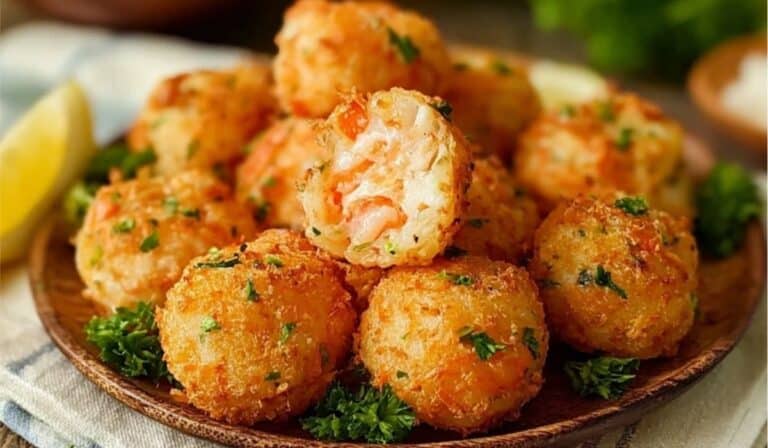 Crispy golden shrimp balls served on a wooden platter