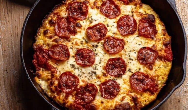 Cast Iron Skillet Pizza with crispy crust served hot