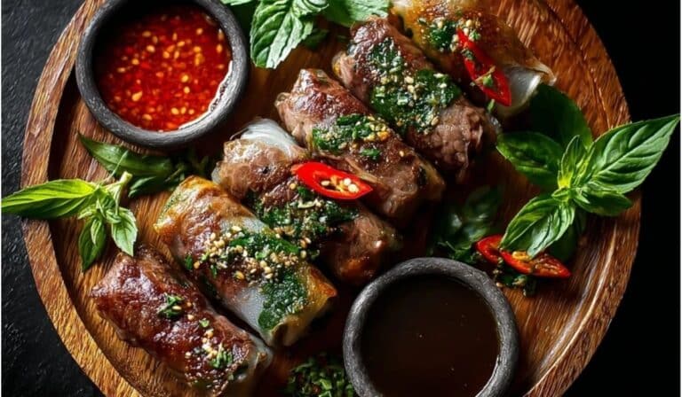 Thai Basil Beef Rolls hero shot with dipping sauces on wood platter